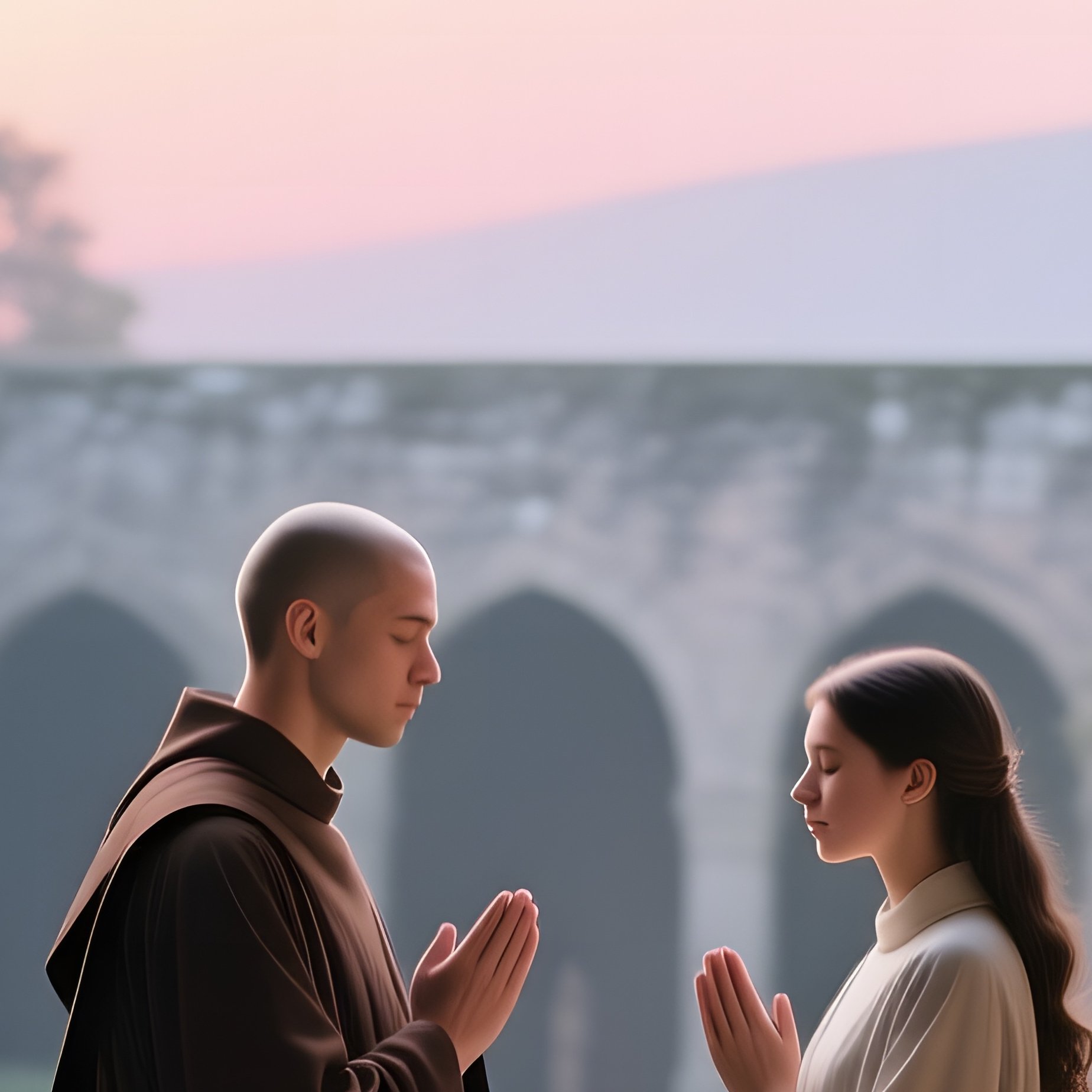 A Serene Monastery Courtyard At Dawn, Monks Chanting Softly As A Young Couple Exchanges Vows - Full Resolution Quality Preview