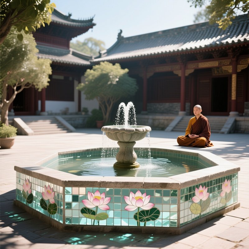 A Serene Monastery Courtyard At Midday, A Stone Fountain Surrounded By Low Walls Of Translucent
