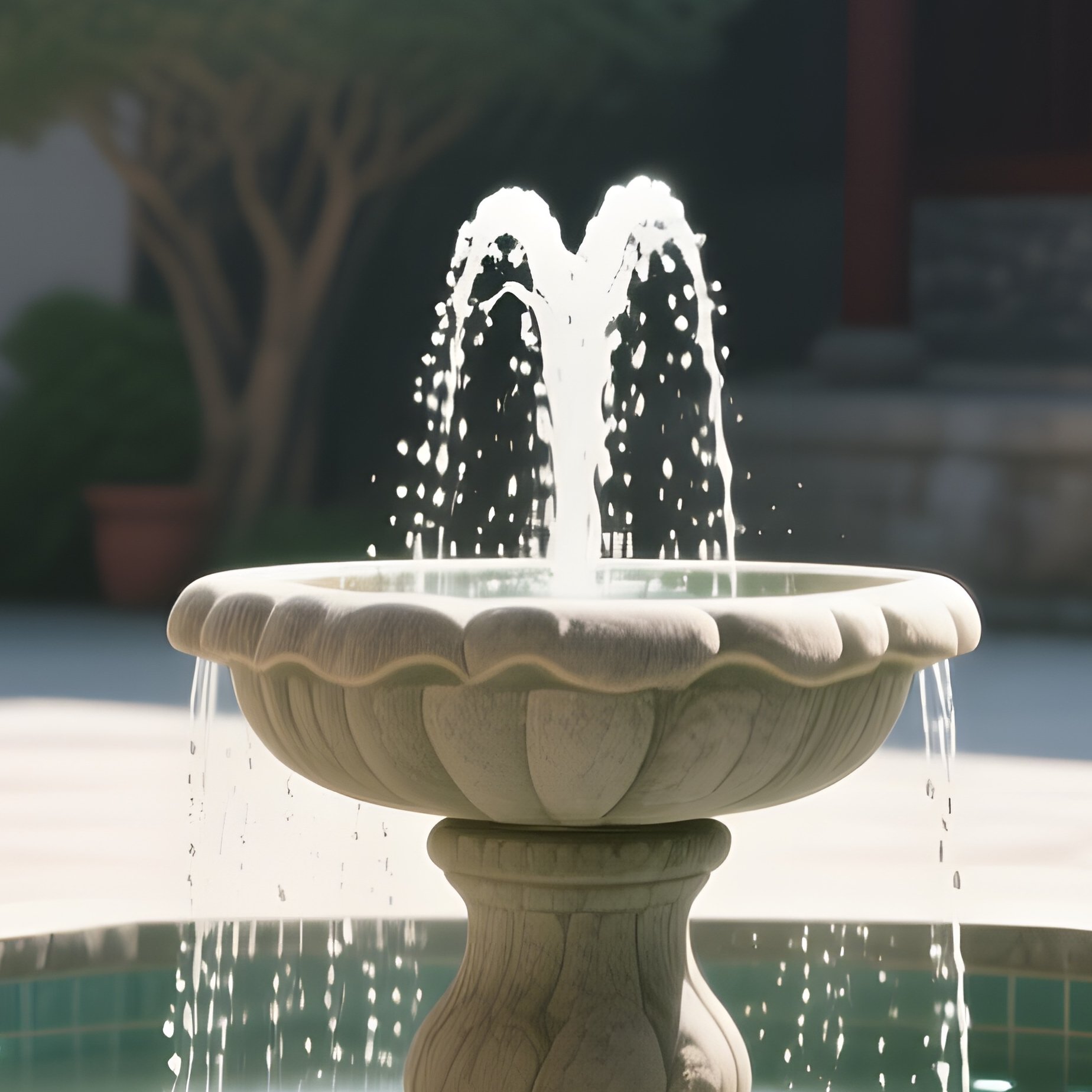 A Serene Monastery Courtyard At Midday, A Stone Fountain Surrounded By Low Walls Of Translucent - Full Resolution Quality Preview