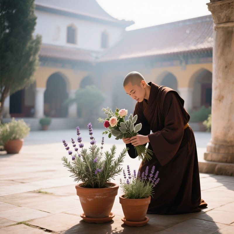 A Serene Monastery Courtyard Where Monks Tend A Simple Bouquet Of Wild Sage, Rosemary, And Lavender