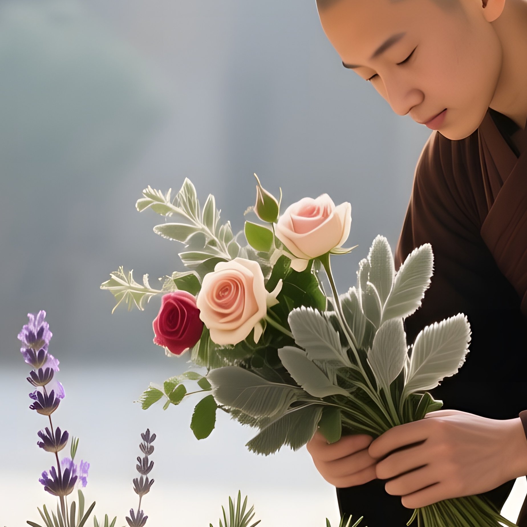 A Serene Monastery Courtyard Where Monks Tend A Simple Bouquet Of Wild Sage, Rosemary, And Lavender - Full Resolution Quality Preview