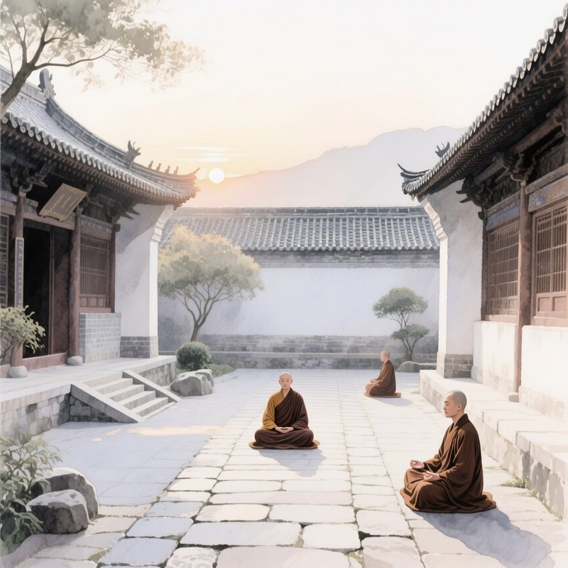 A Serene Monastery Courtyard With Stone Pathways, Monks Meditating, Watercolor Soft Whites And