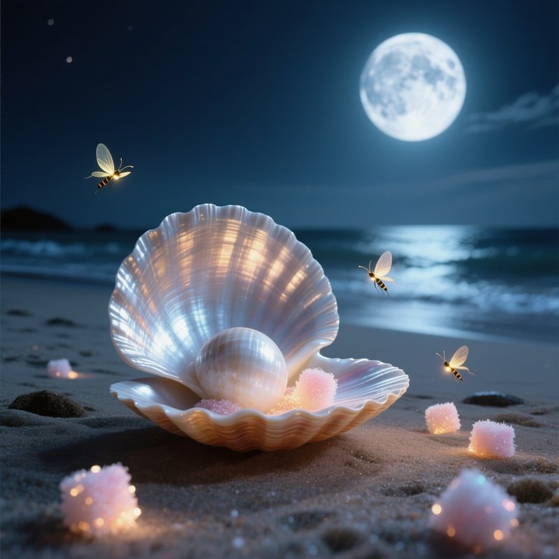 A Serene Moonlit Beach Scene Where Giant Sugar Shells Glisten Under Silver Lunar Illumination, Tiny