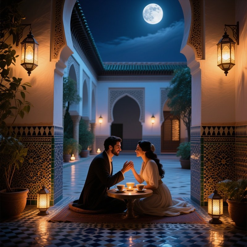A Serene Moonlit Courtyard Of An Ancient Moroccan Palace, Intricate Tilework Glowing Under