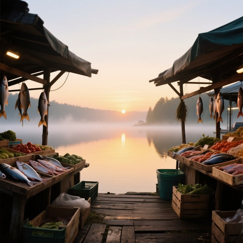 A Serene Morning At A Lakeside Market; Wooden Stands Display Freshly Caught Fish And Local Produce;