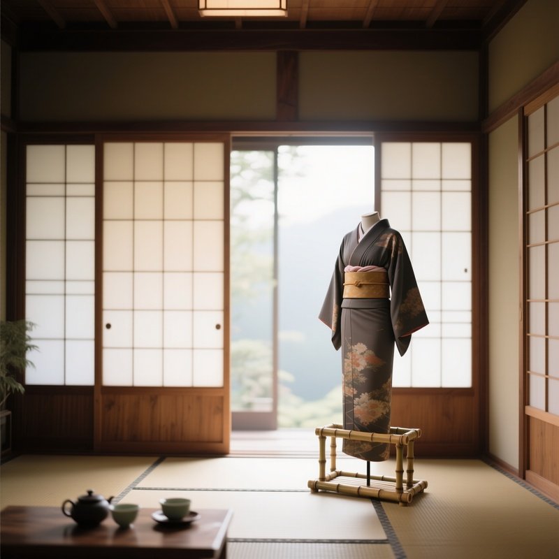 A Serene Morning Scene In A Japanese‑Inspired Tea House, Where Clean Lines And Natural Wood Combine