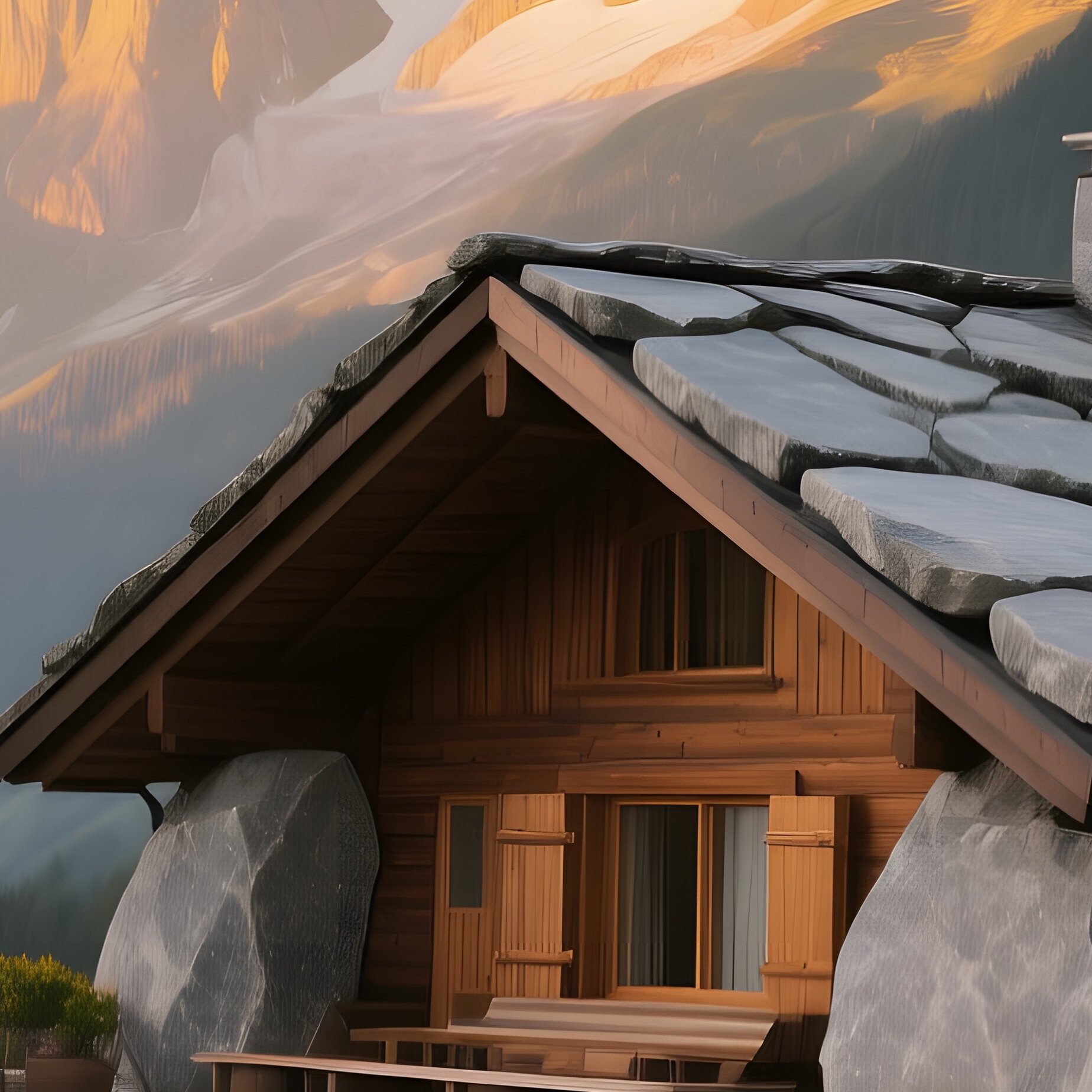 A Serene Mountain Chalet Built From Smooth Granite Slabs Rests On A Verdant Slope, Wildflowers - Full Resolution Quality Preview