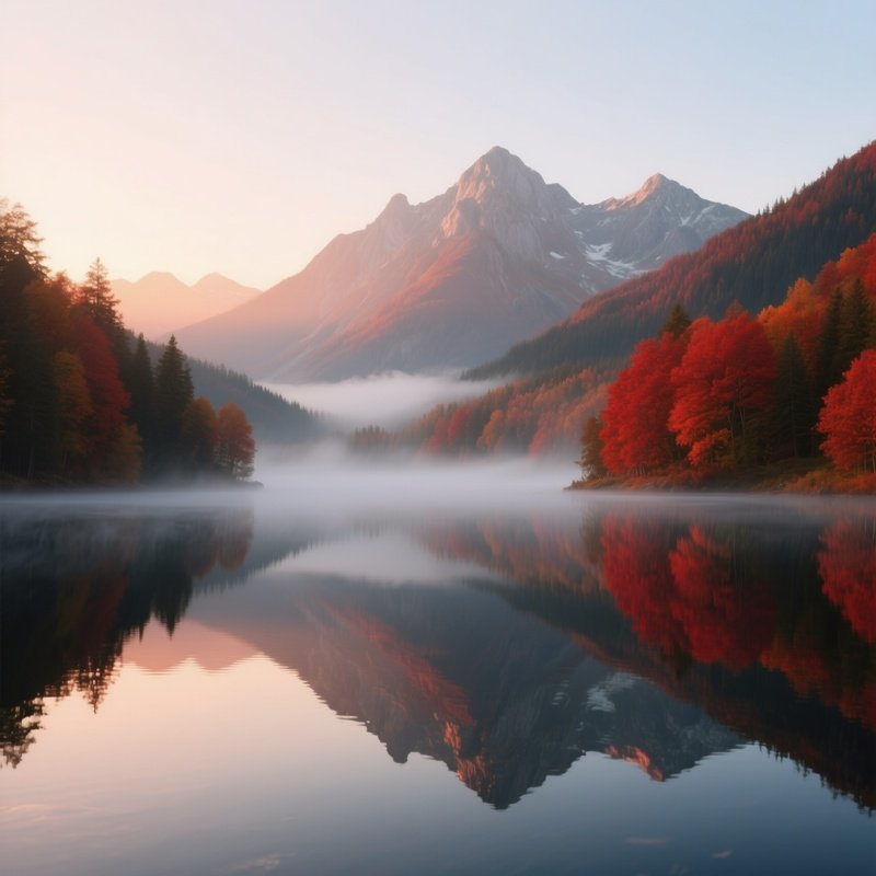 A Serene Mountain Lake At Sunrise In Late Autumn, Foliage Turning Fiery Red, Mist Hovering Over