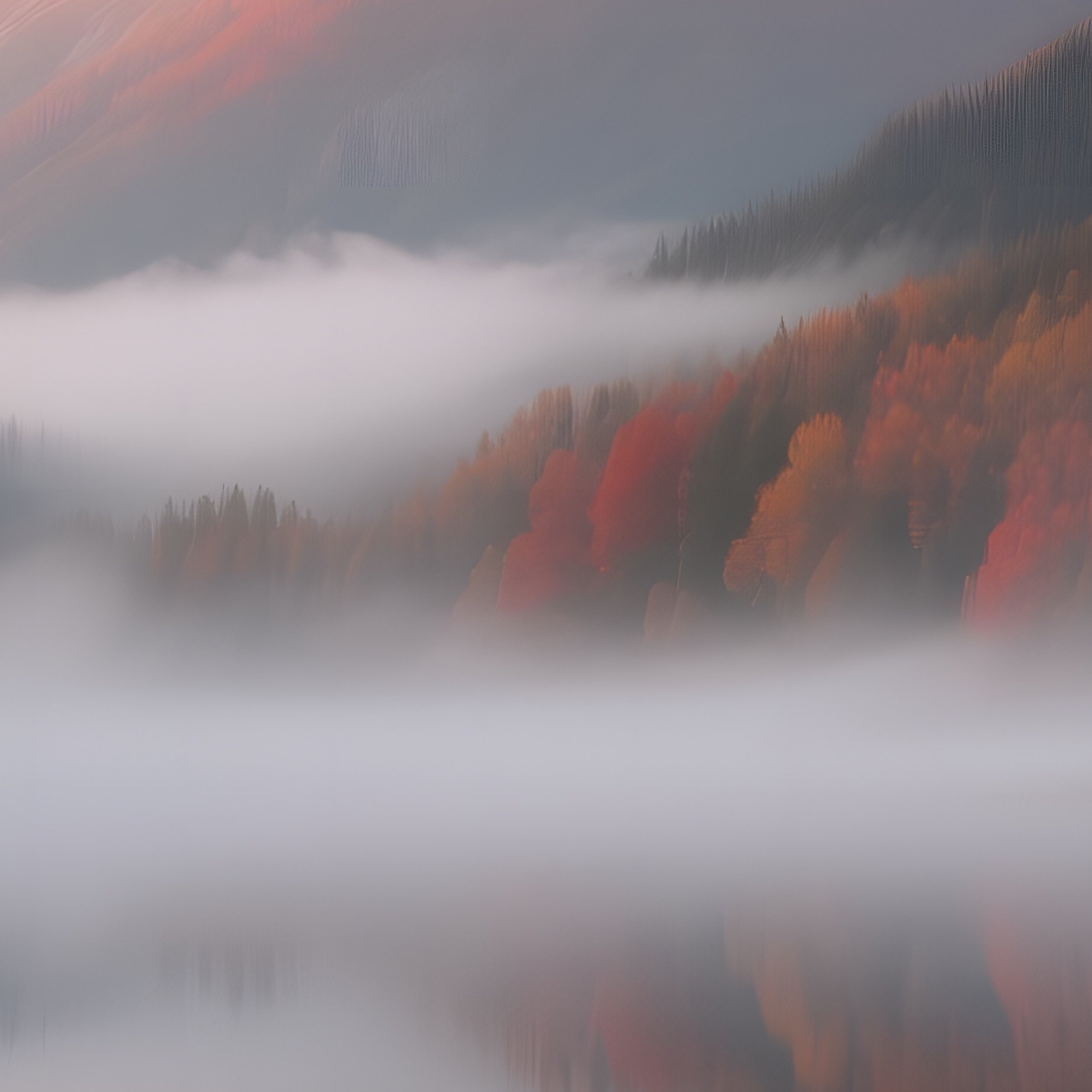 A Serene Mountain Lake At Sunrise In Late Autumn, Foliage Turning Fiery Red, Mist Hovering Over - Full Resolution Quality Preview