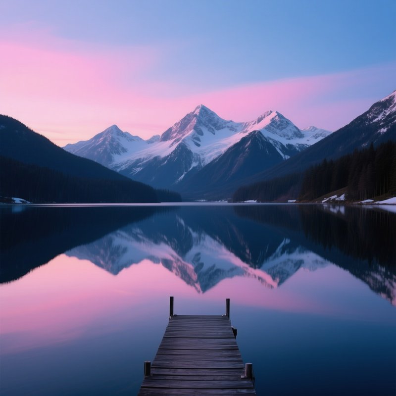 A Serene Mountain Lake At Twilight, Mirror‑Smooth Water Reflecting Snow‑Capped Peaks, Pastel Sky