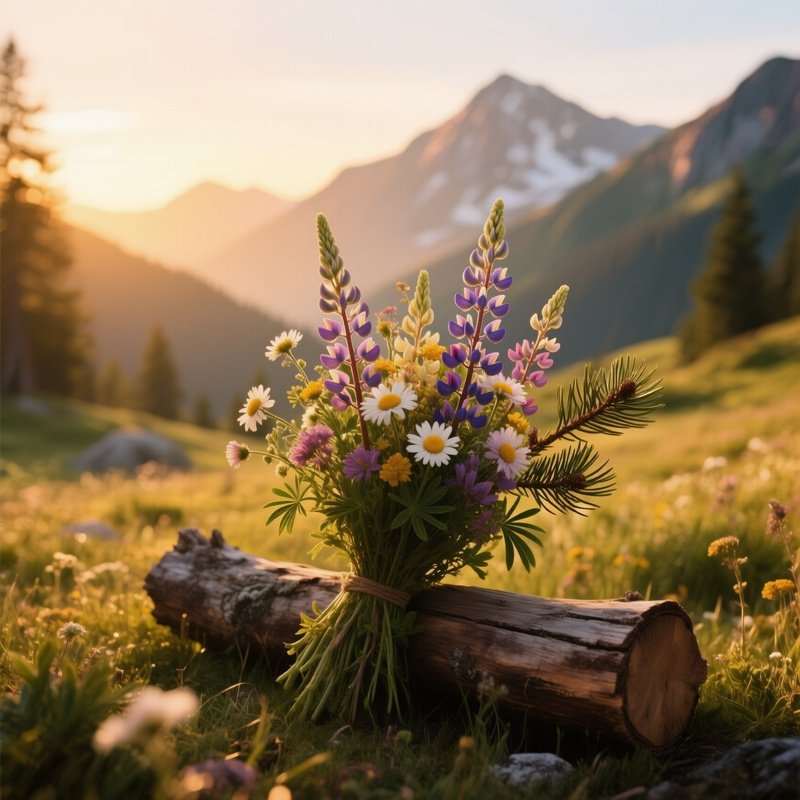 A Serene Mountain Meadow At Golden Hour, Where A Wooden Log Serves As A Stand For A Wild Bouquet Of