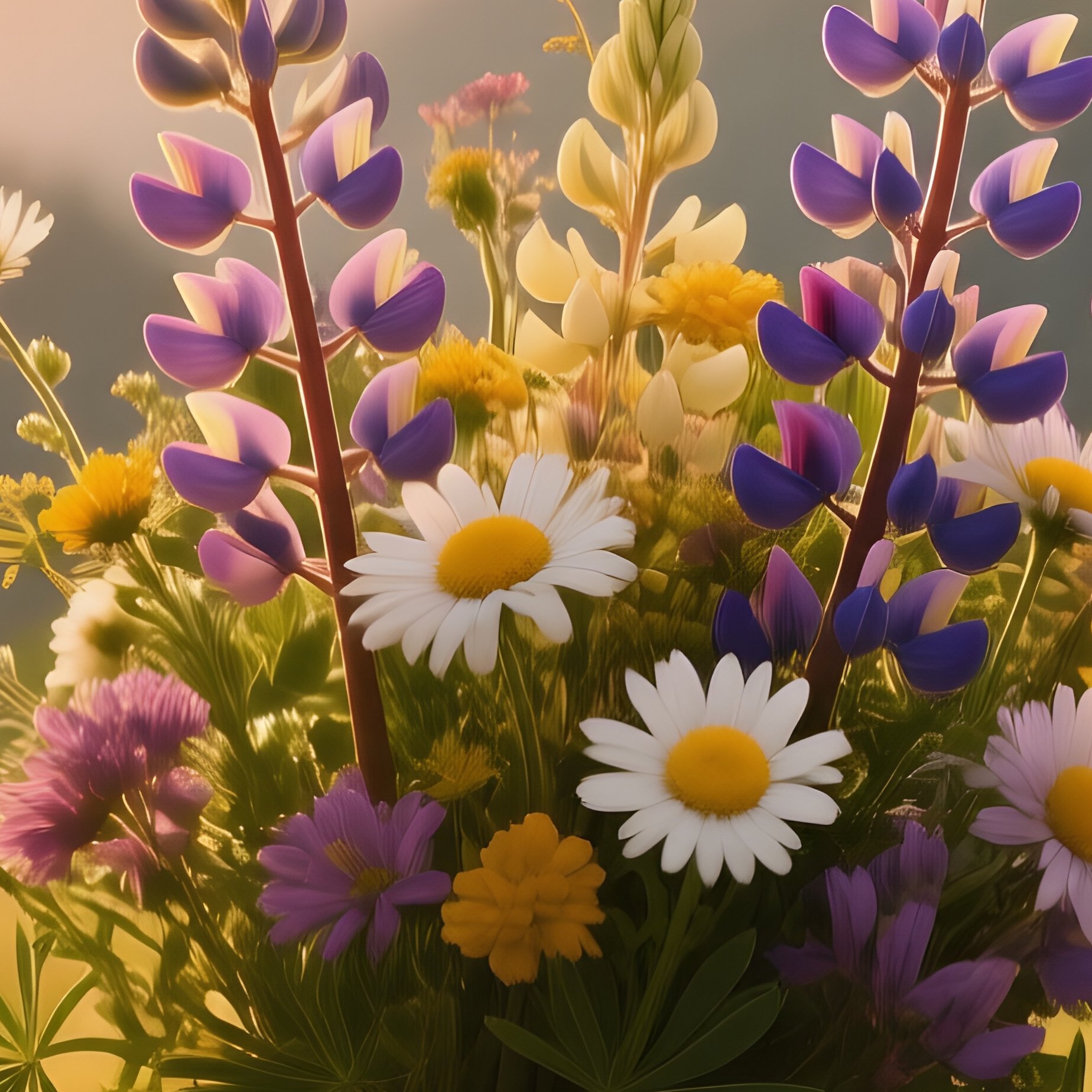 A Serene Mountain Meadow At Golden Hour, Where A Wooden Log Serves As A Stand For A Wild Bouquet Of - Full Resolution Quality Preview