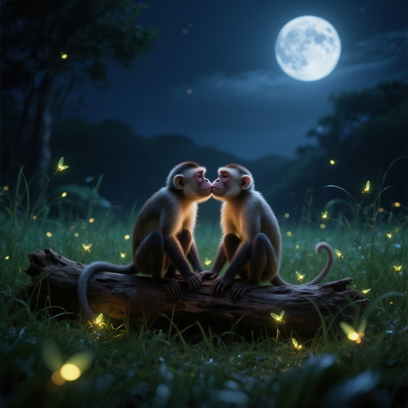 A Serene Night In A Moonlit Meadow Filled With Fireflies, Two Capuchin Monkeys Sit On A Fallen Log