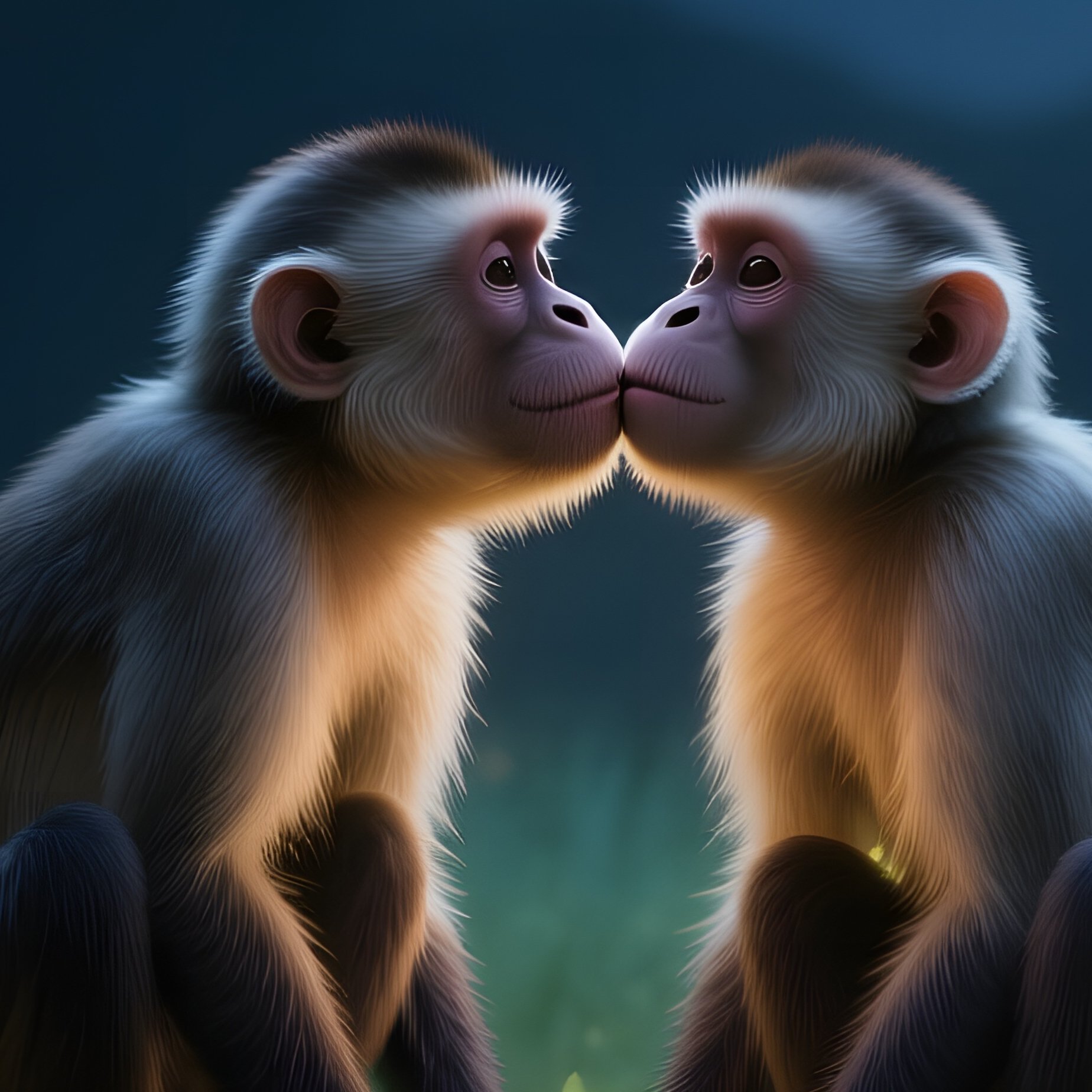 A Serene Night In A Moonlit Meadow Filled With Fireflies, Two Capuchin Monkeys Sit On A Fallen Log - Full Resolution Quality Preview