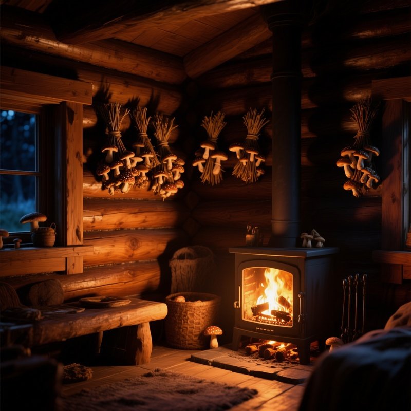 A Serene Night Scene Inside A German Log Cabin, Fireplace Glowing, Walls Adorned With Dried