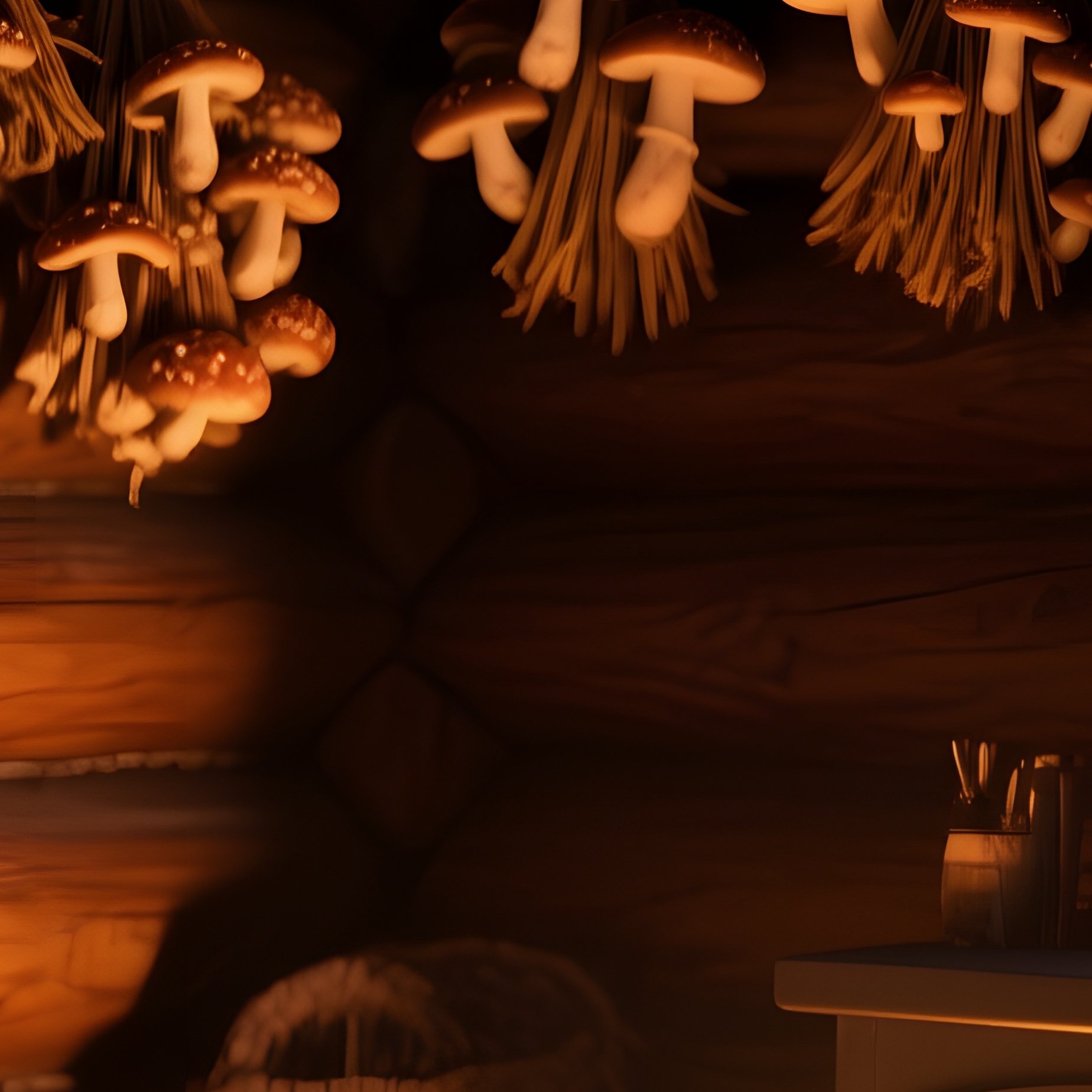 A Serene Night Scene Inside A German Log Cabin, Fireplace Glowing, Walls Adorned With Dried - Full Resolution Quality Preview