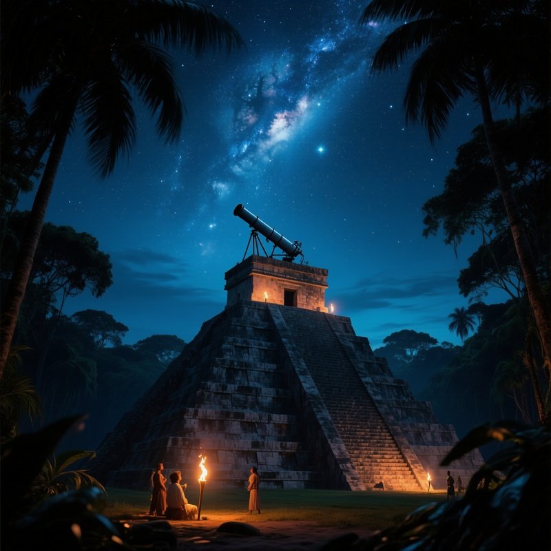 A Serene Night Scene Of An Ancient Mayan Observatory Atop A Pyramid, Astronomers Studying Stars,