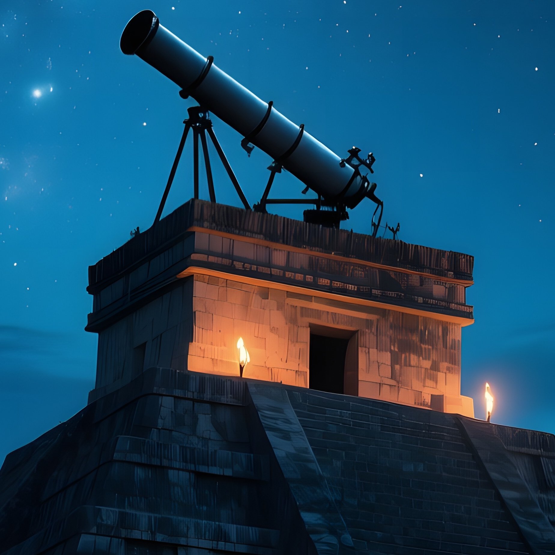 A Serene Night Scene Of An Ancient Mayan Observatory Atop A Pyramid, Astronomers Studying Stars, - Full Resolution Quality Preview