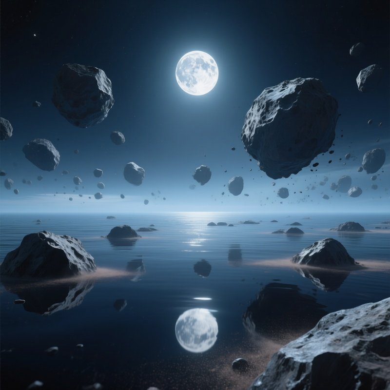 A Serene Night Scene Where An Asteroid Field Is Bathed In The Gentle Silver Light Of A Full Moon,