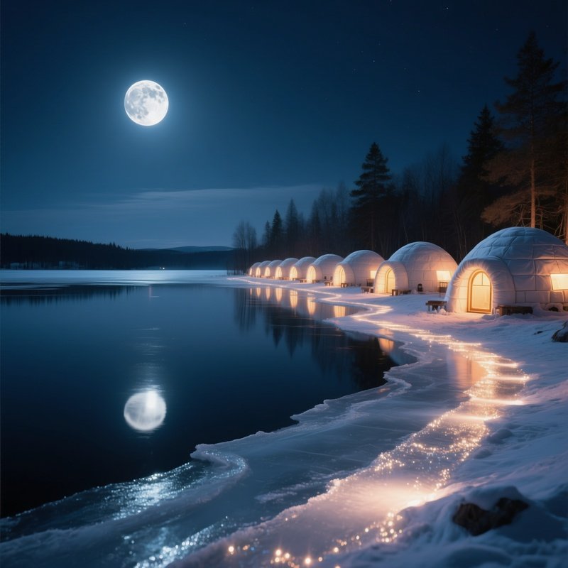 A Serene Night Scene Where The Moon Reflects Off A Frozen Lake Beside A Row Of Glowing Igloos,