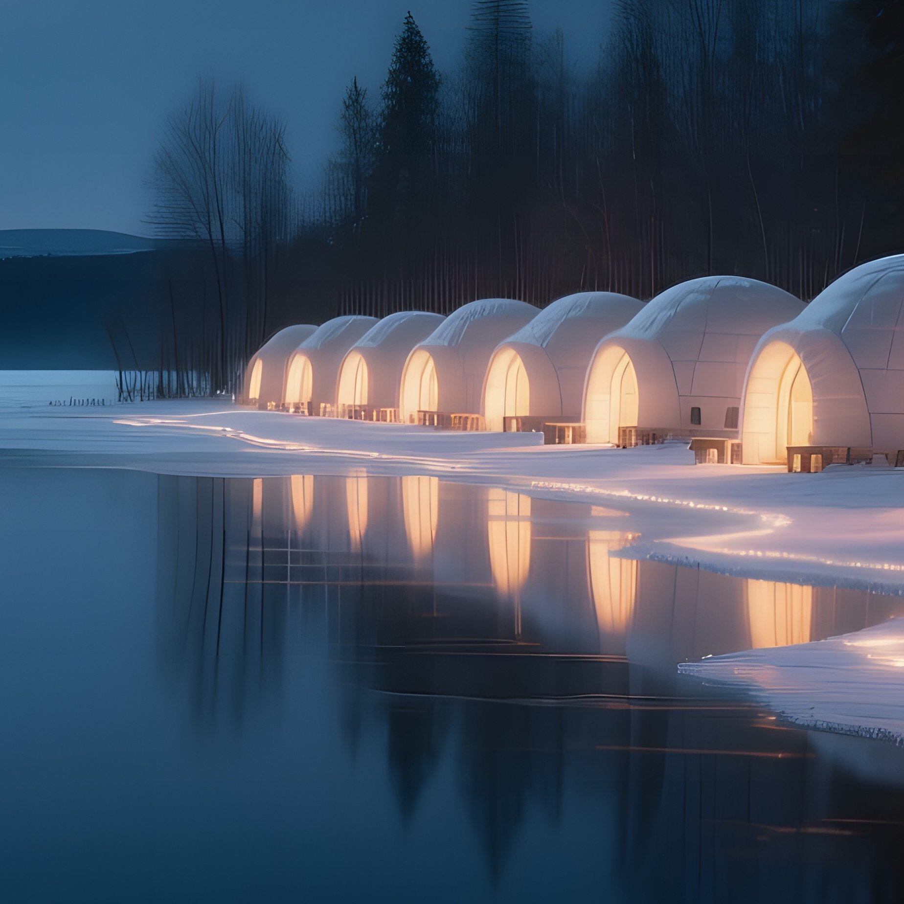 A Serene Night Scene Where The Moon Reflects Off A Frozen Lake Beside A Row Of Glowing Igloos, - Full Resolution Quality Preview