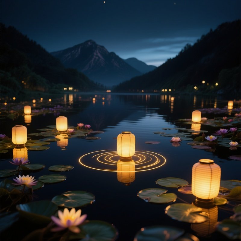 A Serene Night Scene With Lanterns Floating Among The Water Lilies, Casting Warm Golden Circles On