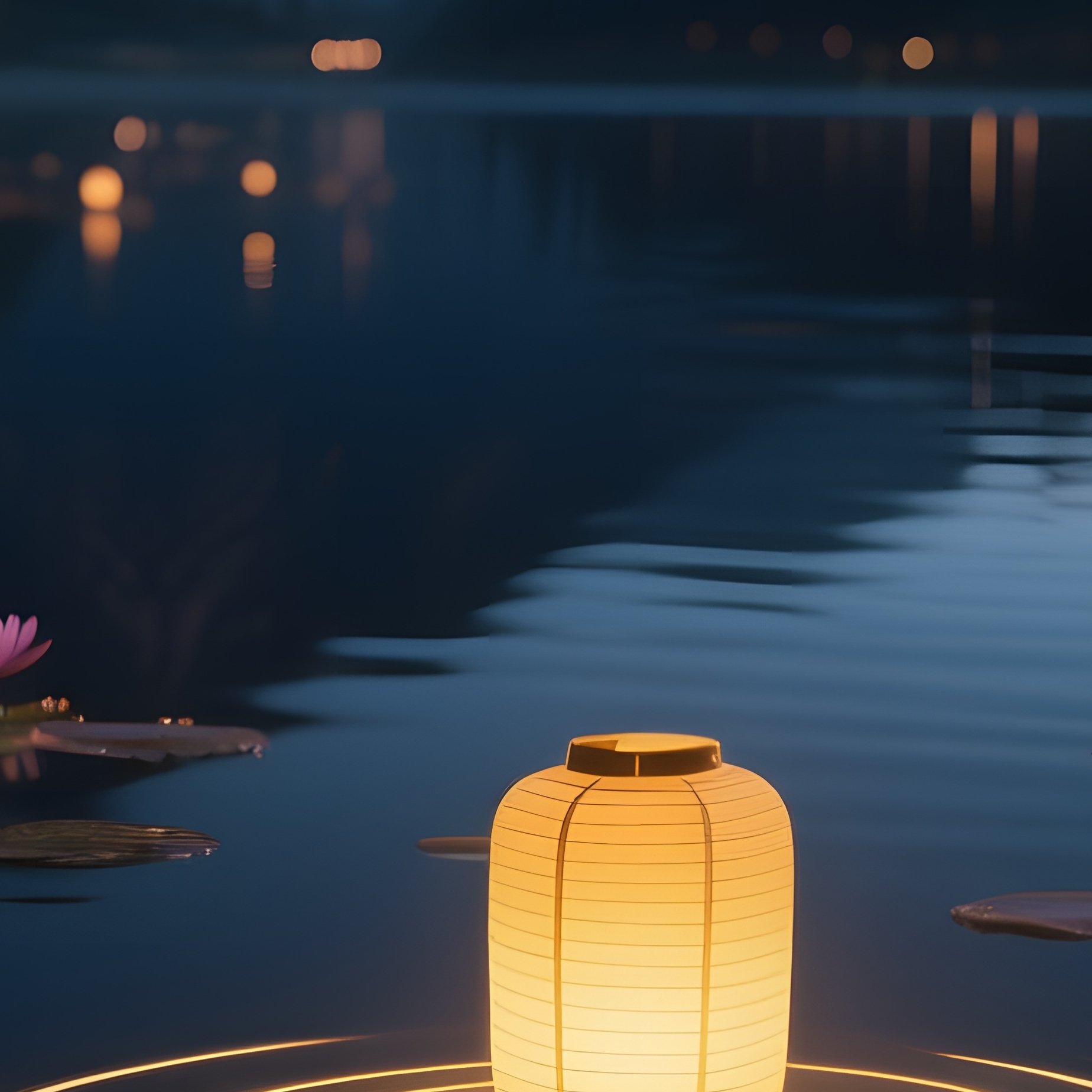 A Serene Night Scene With Lanterns Floating Among The Water Lilies, Casting Warm Golden Circles On - Full Resolution Quality Preview