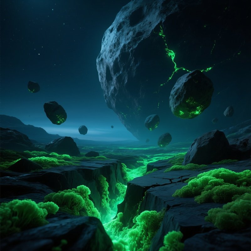 A Serene Night‑Time Scene With Bioluminescent Algae Colonies Growing In Cracks Of A Massive