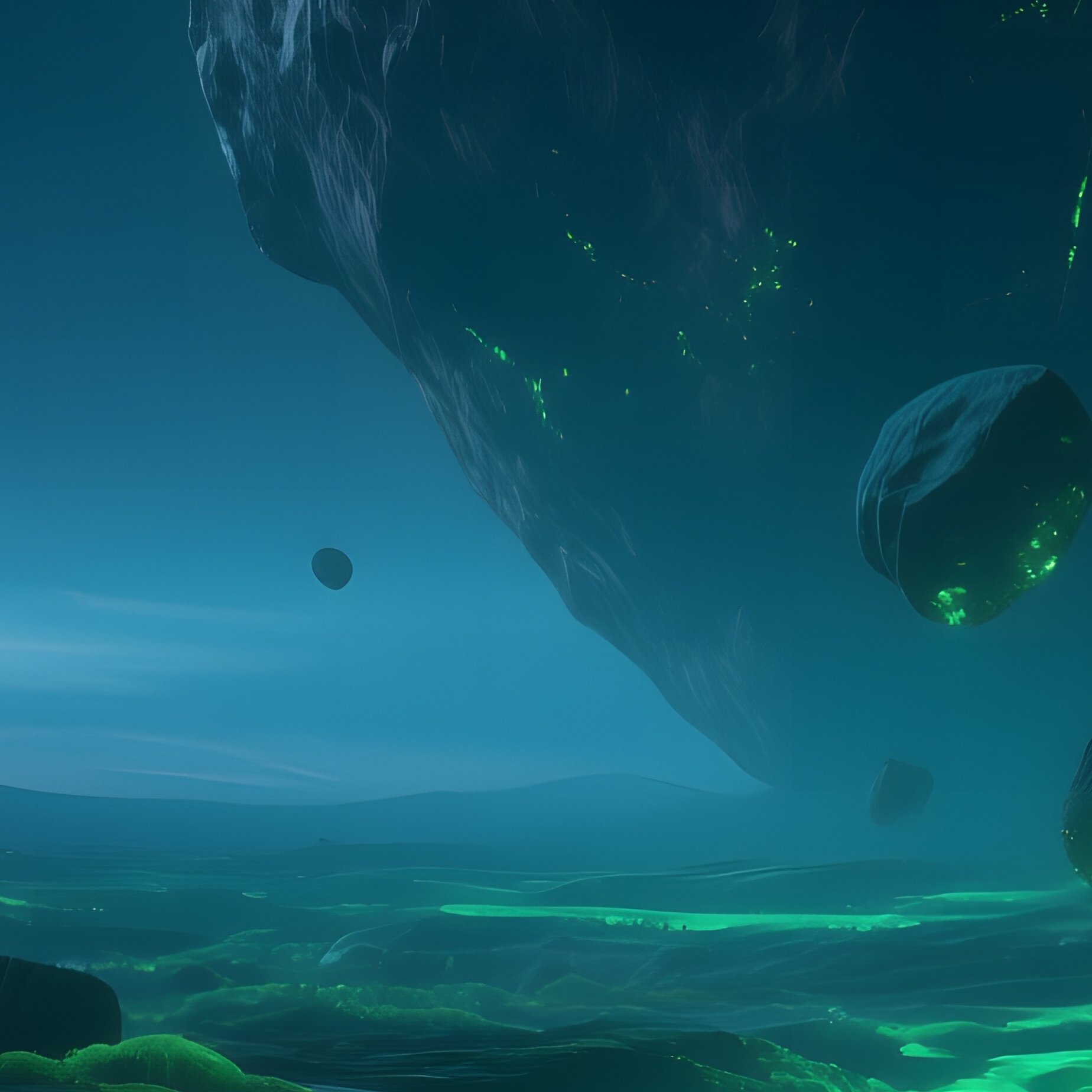 A Serene Night‑Time Scene With Bioluminescent Algae Colonies Growing In Cracks Of A Massive - Full Resolution Quality Preview