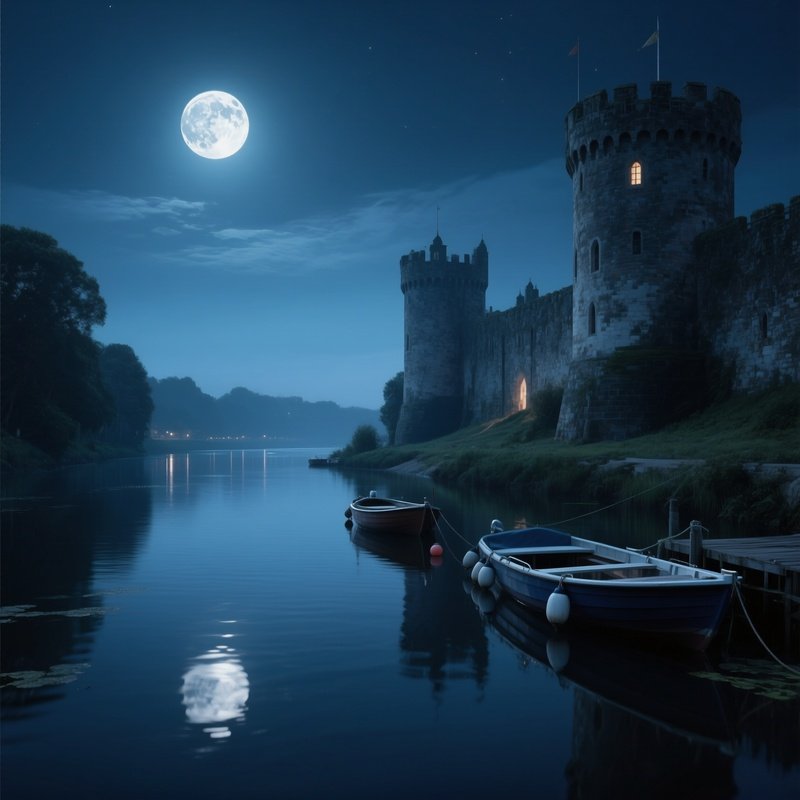 A Serene Night Where The Moon Reflects Off A Calm River Flowing Past The Base Of The Towers, Small