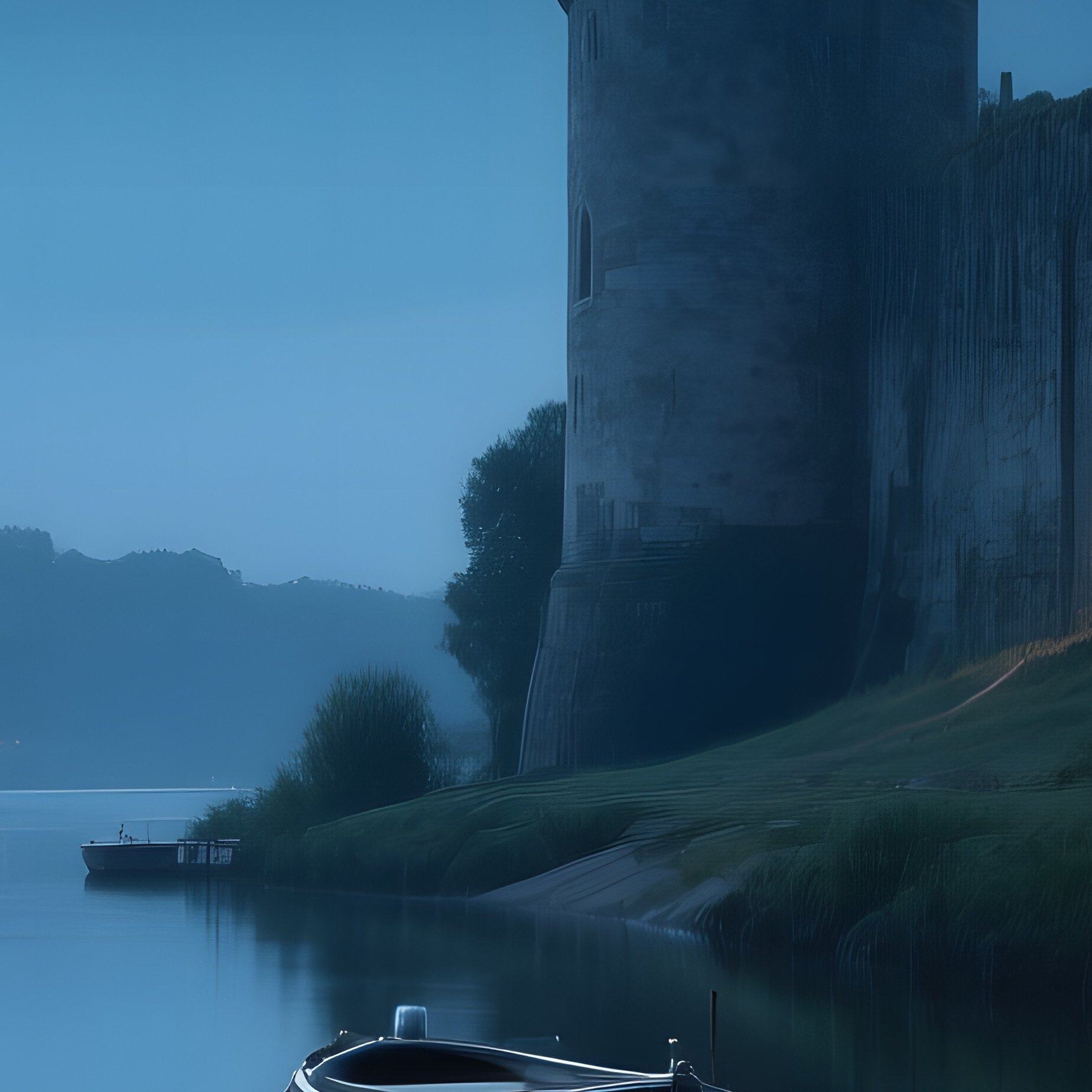 A Serene Night Where The Moon Reflects Off A Calm River Flowing Past The Base Of The Towers, Small - Full Resolution Quality Preview
