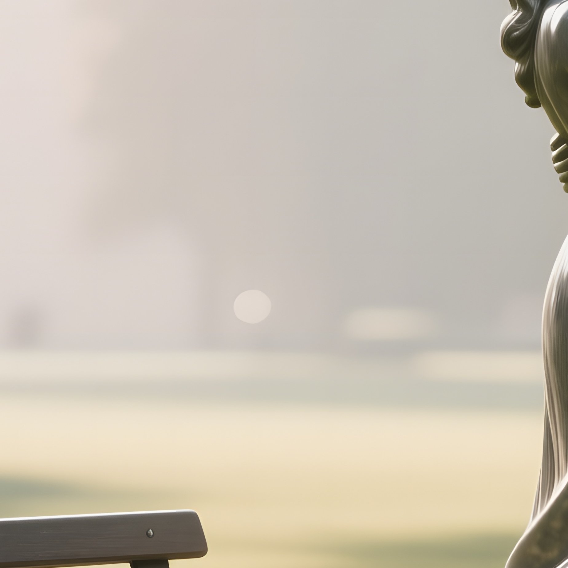 A Serene Park Bench Beside A Polished Stone Sculpture Of An Embracing Couple, Soft Morning Light - Full Resolution Quality Preview