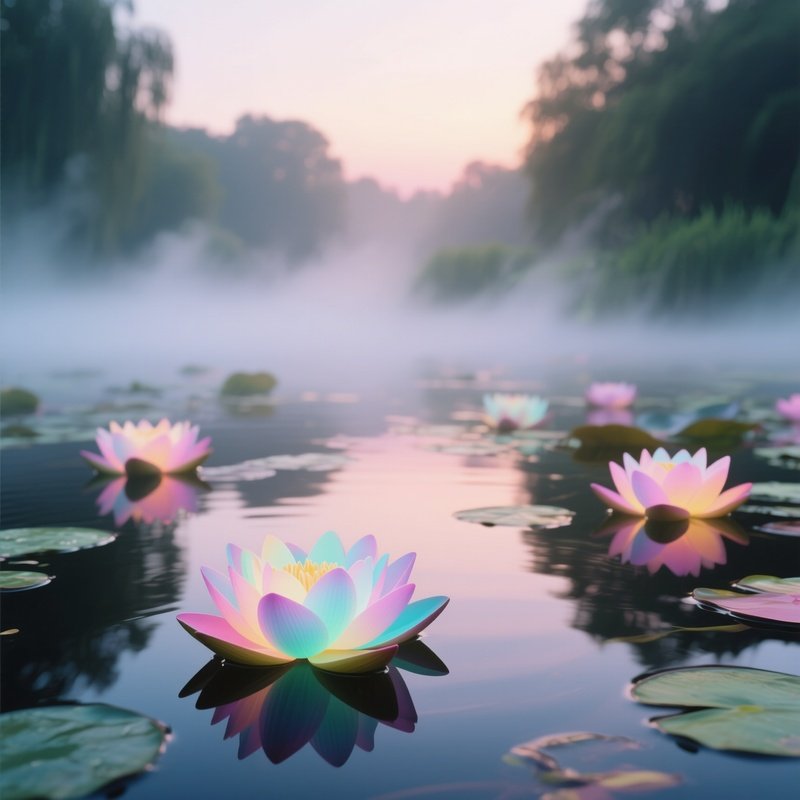 A Serene Pond At Dawn Where Floating Pop‑Art Lotuses Glow In Soft Pastel Gradients, Mist Rising Off
