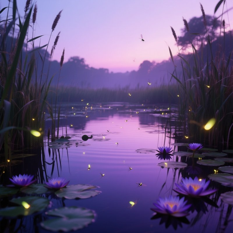 A Serene Pond Surrounded By Reeds And Water Lilies At Twilight, Fireflies Flickering Above The