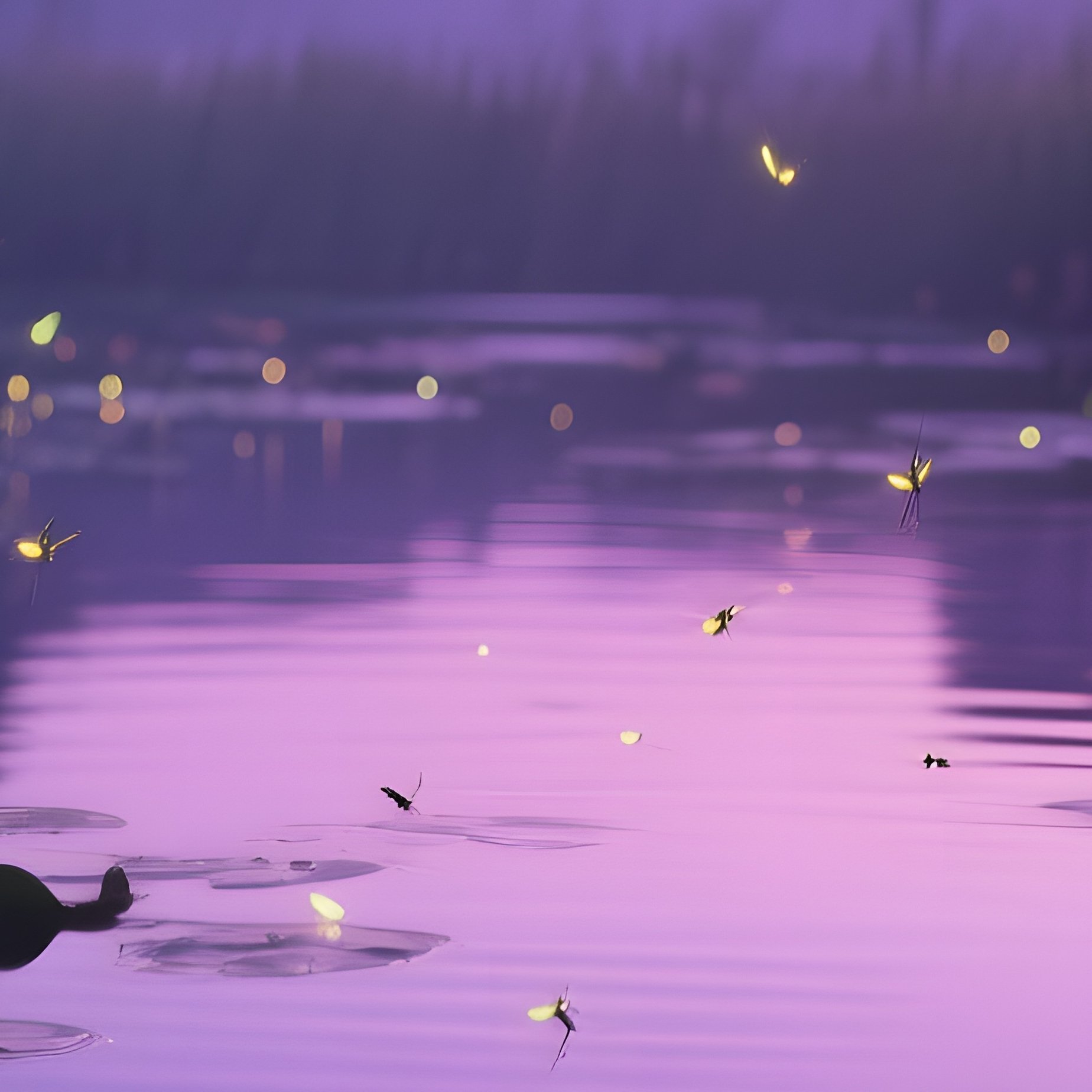 A Serene Pond Surrounded By Reeds And Water Lilies At Twilight, Fireflies Flickering Above The - Full Resolution Quality Preview