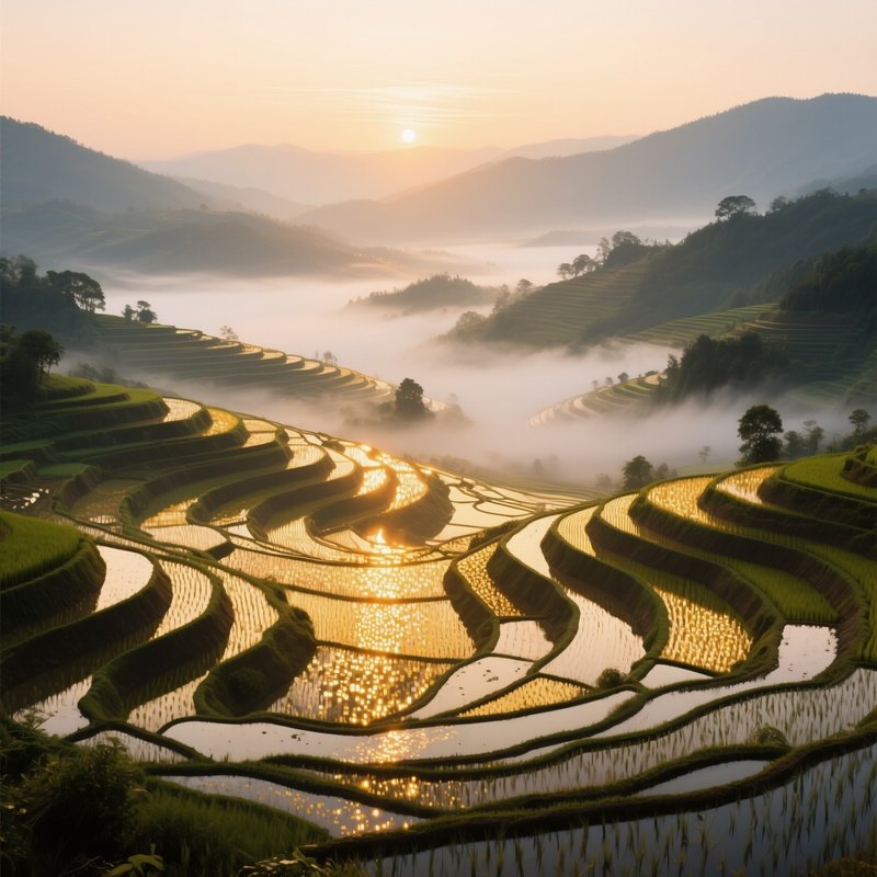 A Serene Rice Terrace At Sunrise, Mist Rolling Over Layered Fields, Golden Light Catching The Water
