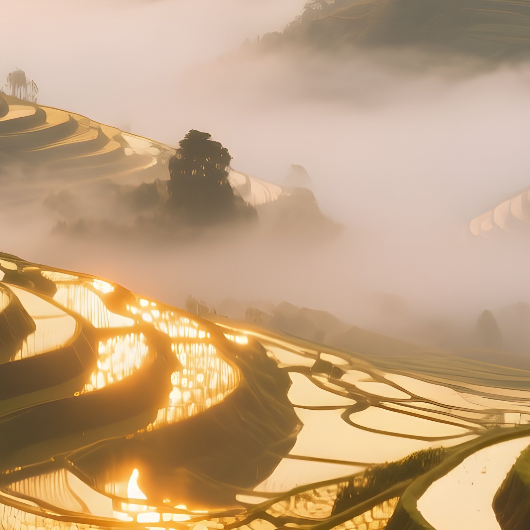 A Serene Rice Terrace At Sunrise, Mist Rolling Over Layered Fields, Golden Light Catching The Water - Full Resolution Quality Preview