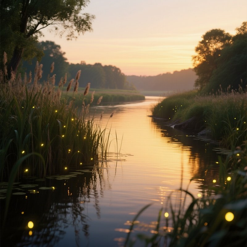A Serene River Bend In Midsummer, Cattails Swaying, Fireflies Glowing At Dusk, Warm Golden Light