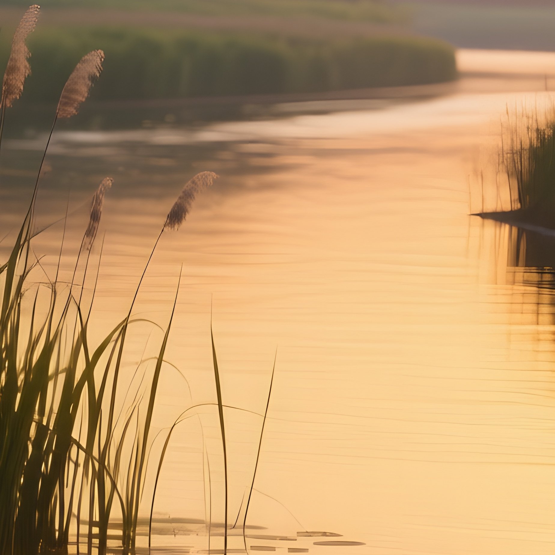 A Serene River Bend In Midsummer, Cattails Swaying, Fireflies Glowing At Dusk, Warm Golden Light - Full Resolution Quality Preview