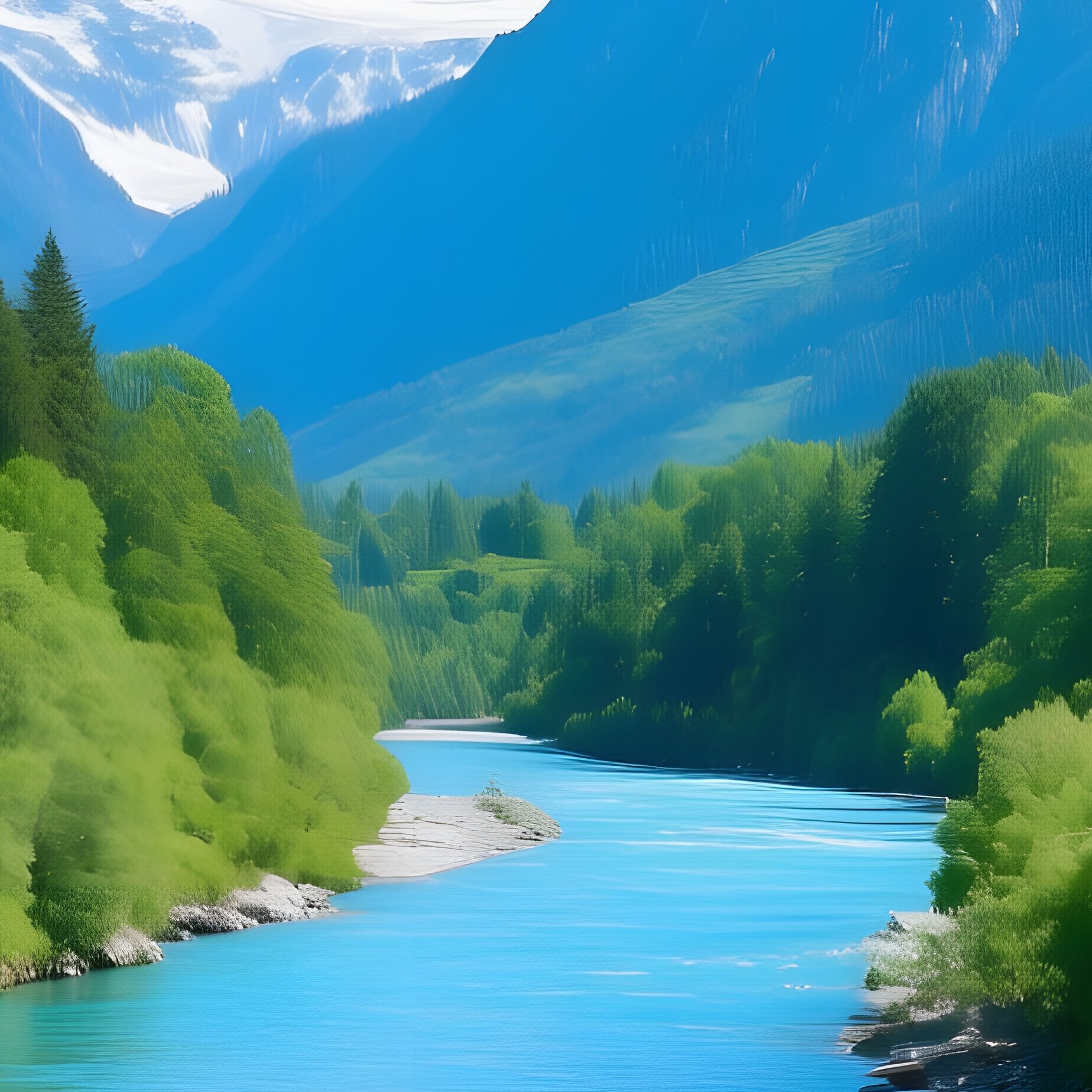 A Serene River Flowing Through A Lush Mountain Valley Nature - Full Resolution Quality Preview
