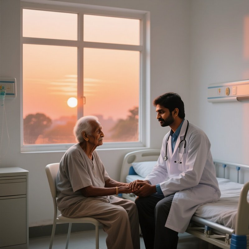 A Serene Scene In A Palliative Care Unit In Pune At Sunset, Where An Indian Doctor Gently Holds The