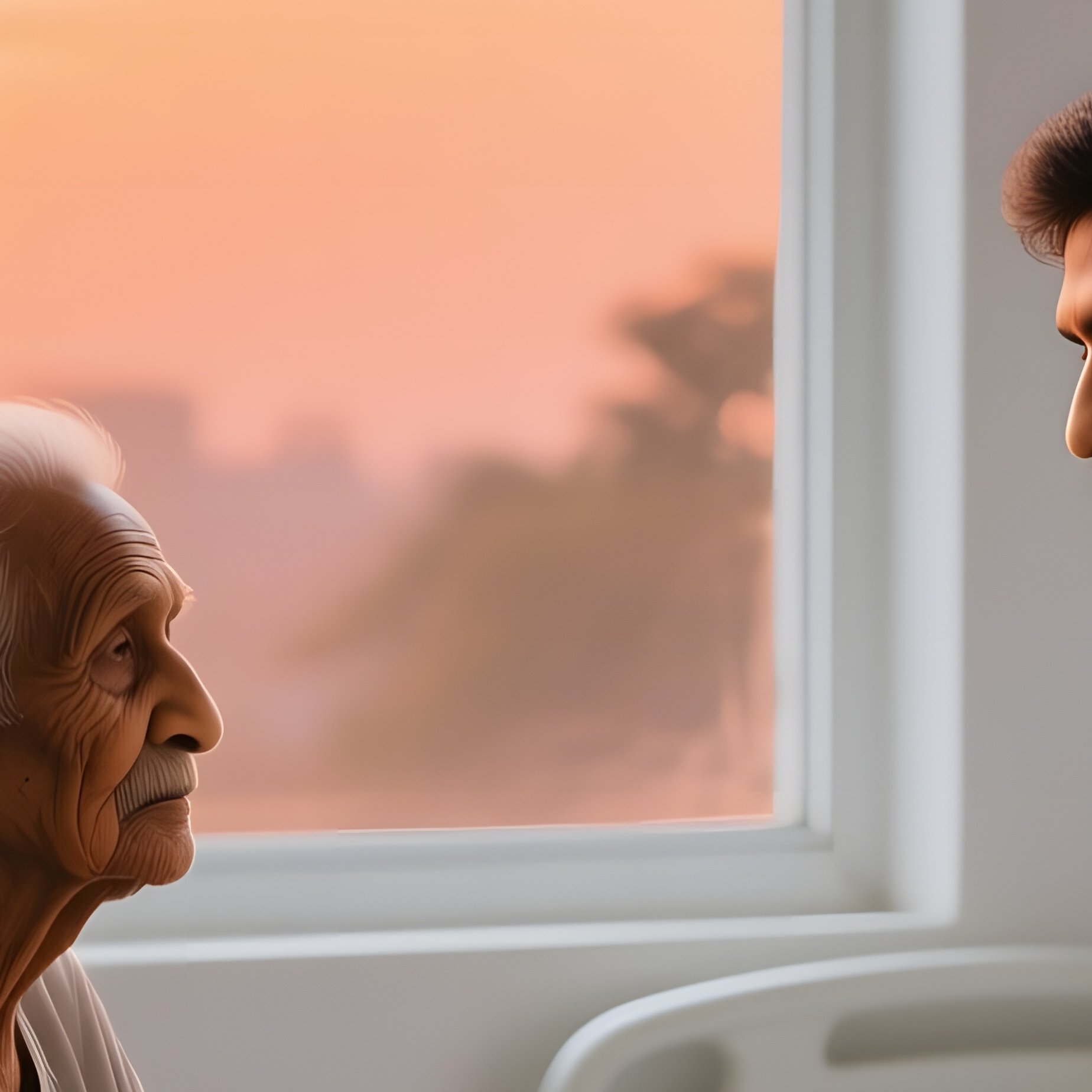 A Serene Scene In A Palliative Care Unit In Pune At Sunset, Where An Indian Doctor Gently Holds The - Full Resolution Quality Preview