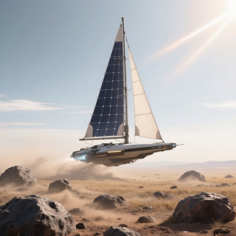A Serene Scene Of A Lone Sail‑Powered Spacecraft Gliding Gently Through A Field Of Dust‑Covered