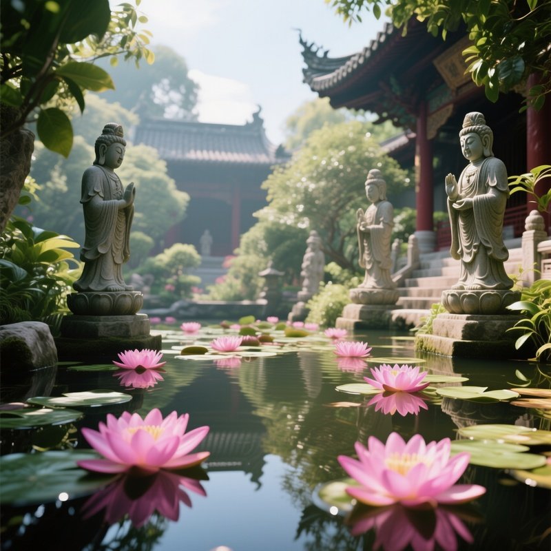 A Serene Scene Of A Lotus Pond Within A Temple Garden At Midday, Vibrant Pink Blossoms Floating On