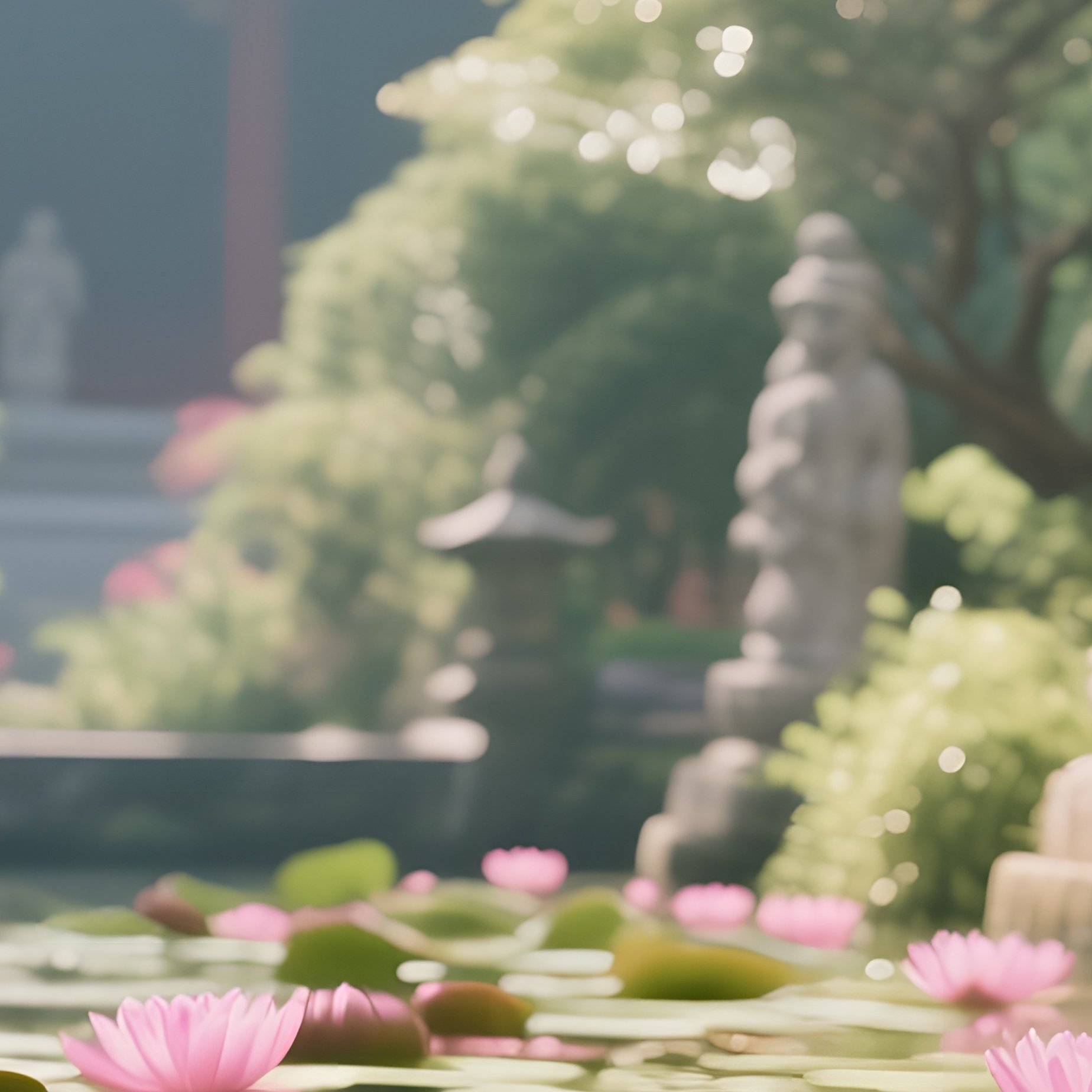 A Serene Scene Of A Lotus Pond Within A Temple Garden At Midday, Vibrant Pink Blossoms Floating On - Full Resolution Quality Preview