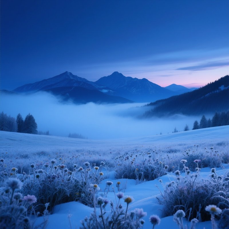 A Serene Snowy Meadow At Twilight, Low Clouds Drifting Low Over A Field Of Frost Covered
