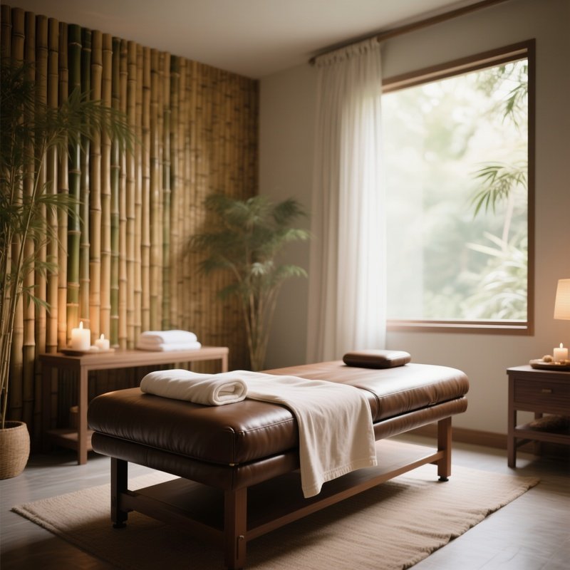 A Serene Spa Treatment Room, Leather Massage Table Draped With Soft Cotton Sheets, Bamboo Walls And