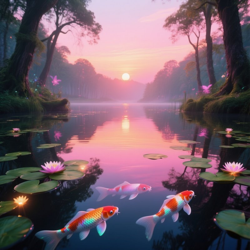 A Serene Sunrise By A Glass‑Like Lake Deep Within A Fairy Tale Wood, The Water Reflecting Pink And