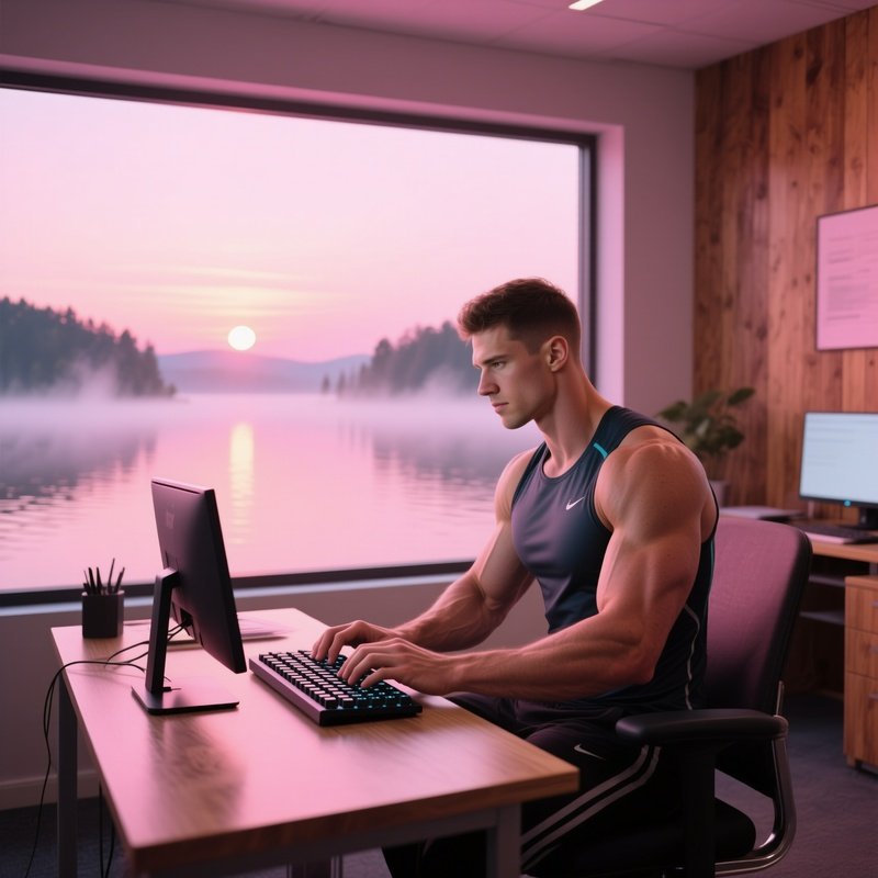 A Serene Sunrise Office Overlooking A Lake, Mist Rising From The Water, A Six‑Pack Man In Athletic
