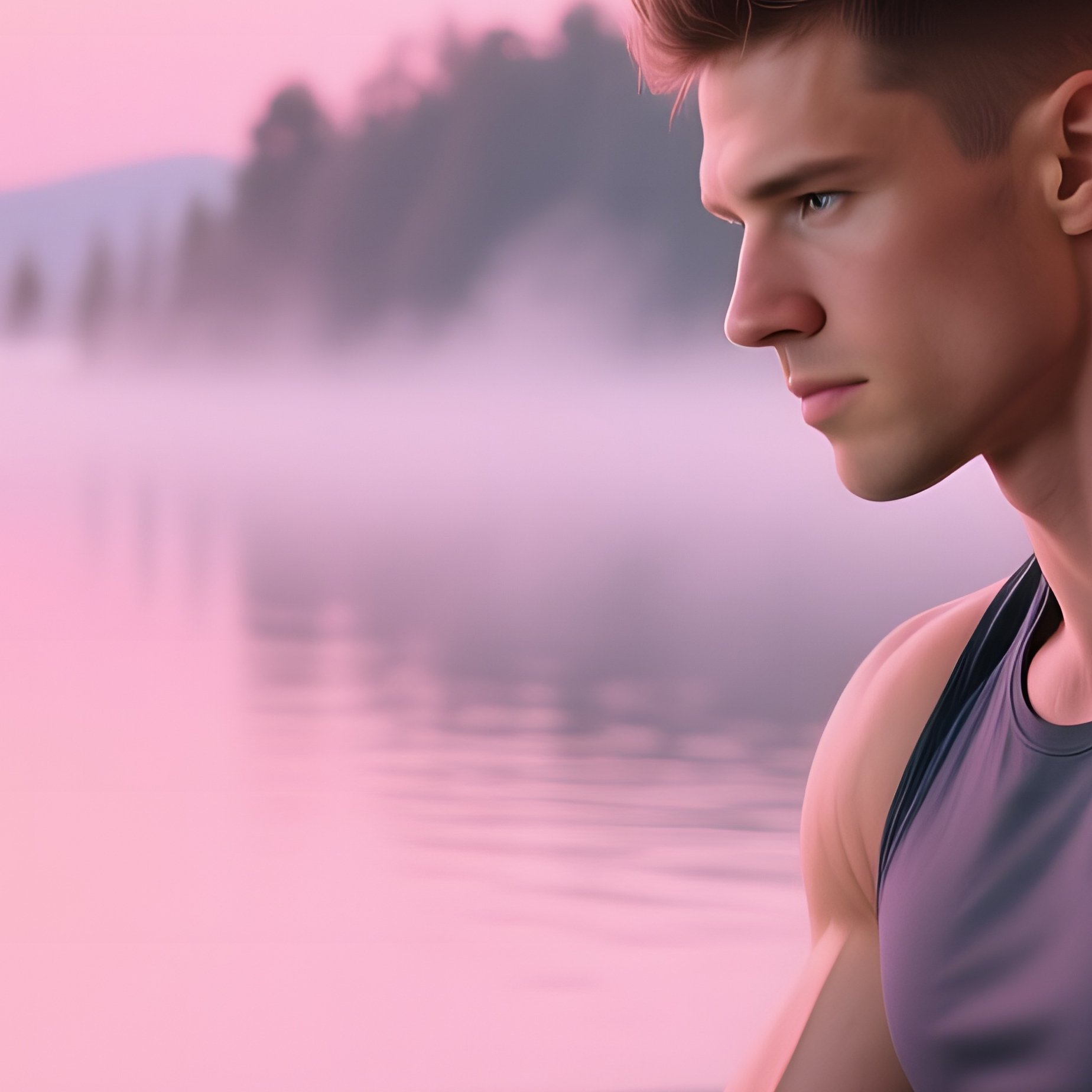 A Serene Sunrise Office Overlooking A Lake, Mist Rising From The Water, A Six‑Pack Man In Athletic - Full Resolution Quality Preview